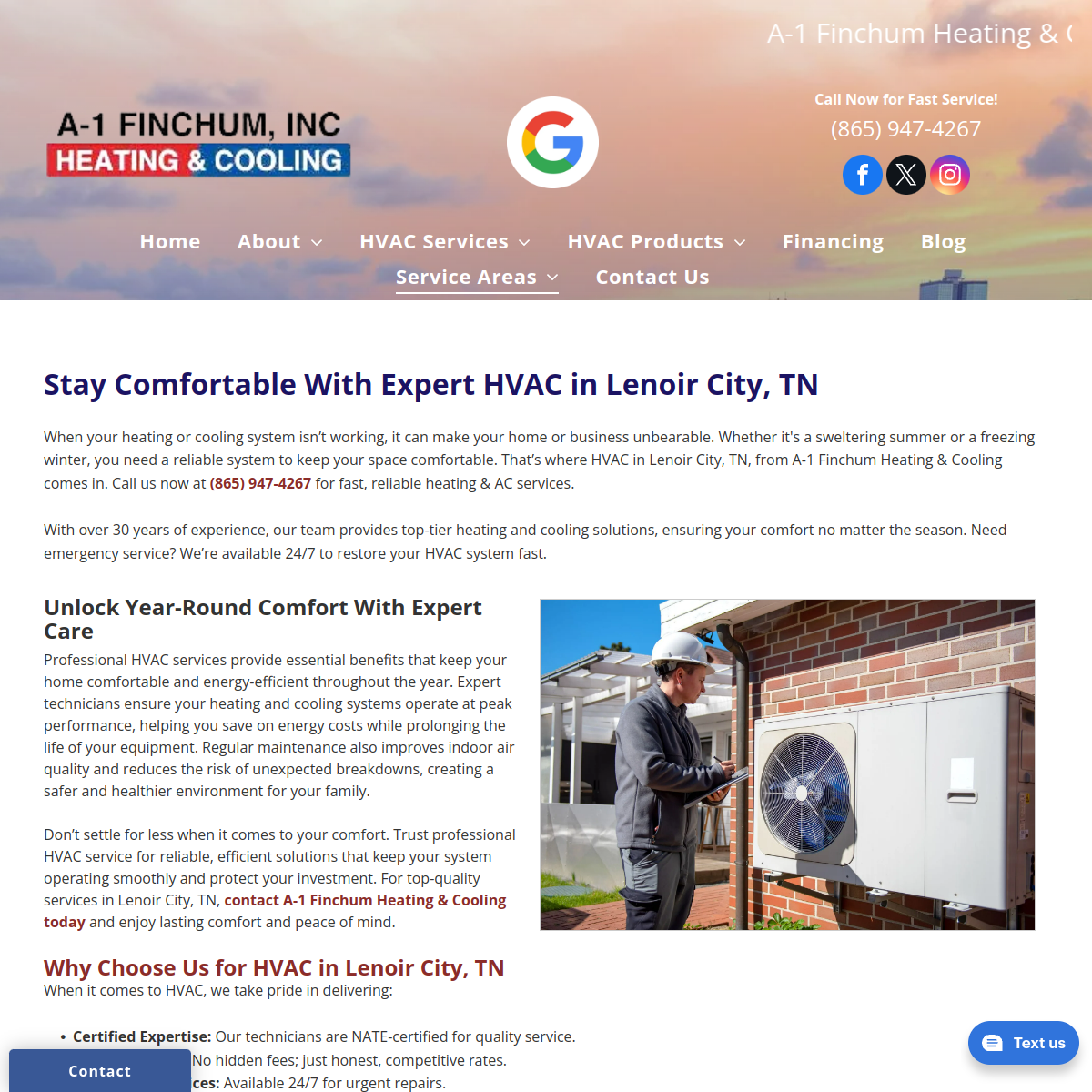 Screenshot of the A-1 Finchum Heating and Cooling website