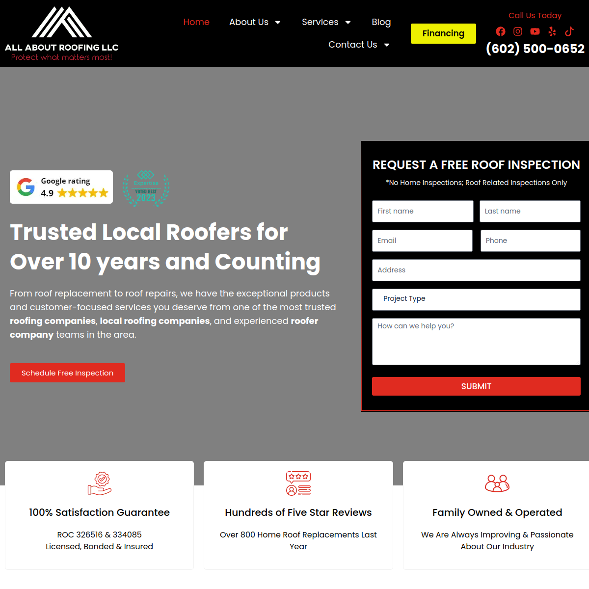 Screenshot of the All About Roofing LLC website