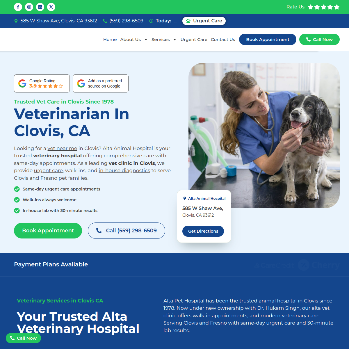 Screenshot of the Alta Animal Hospital website