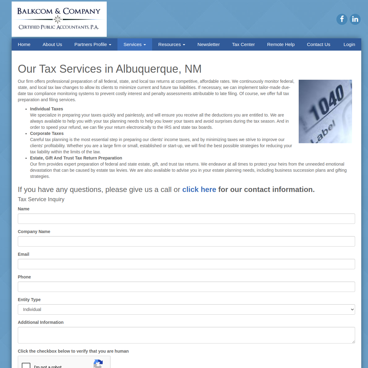 Screenshot of the Balkcom Pearsall & Parrish CPA's PA website