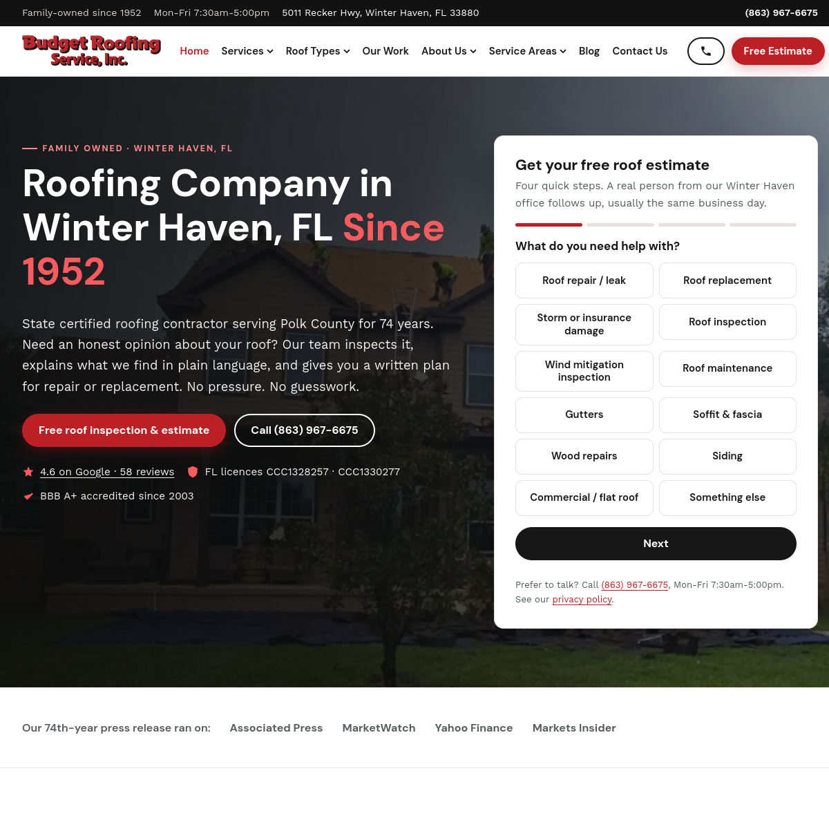 Screenshot of the Budget Roofing Service website