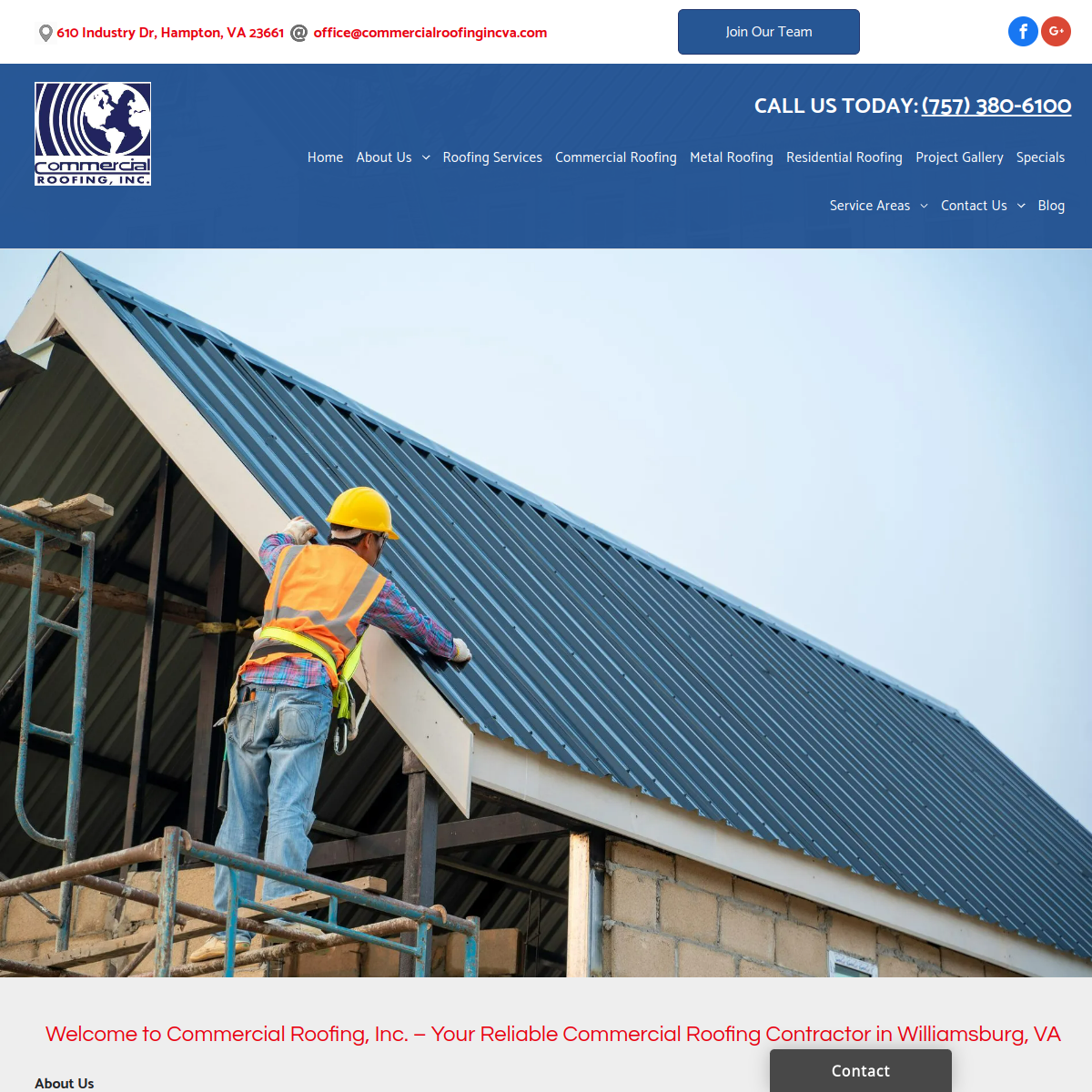 Screenshot of the Commercial Roofing Inc website