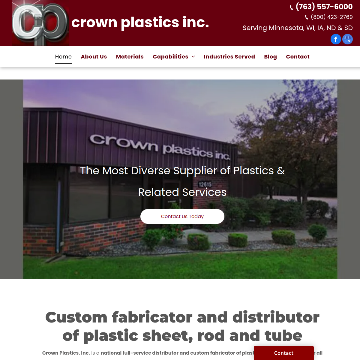 Screenshot of the Crown Plastics Inc website