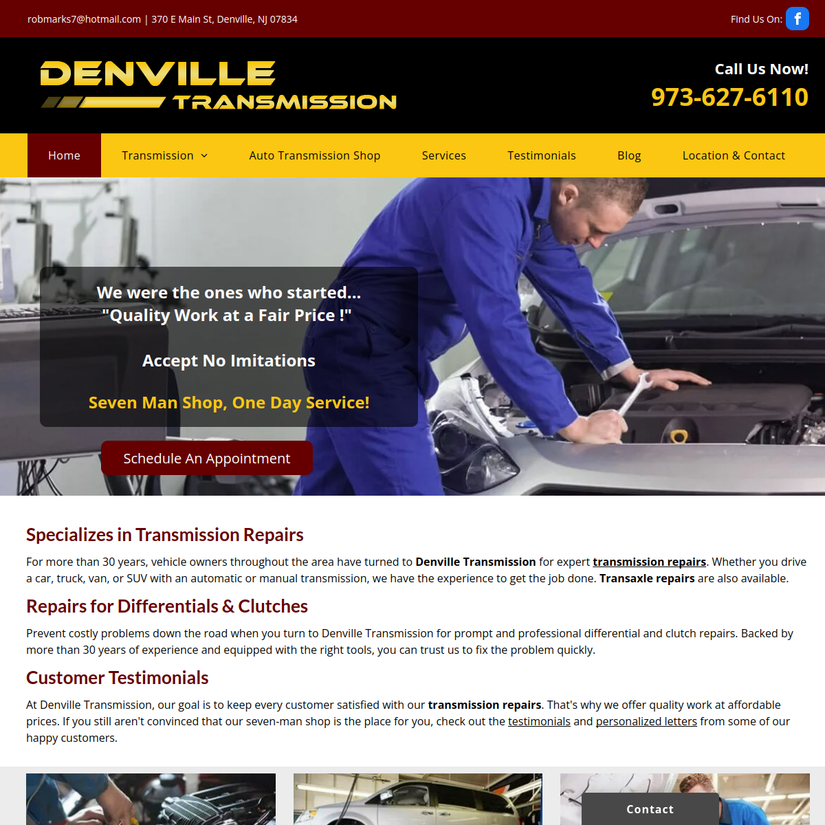 Screenshot of the Denville Transmission website