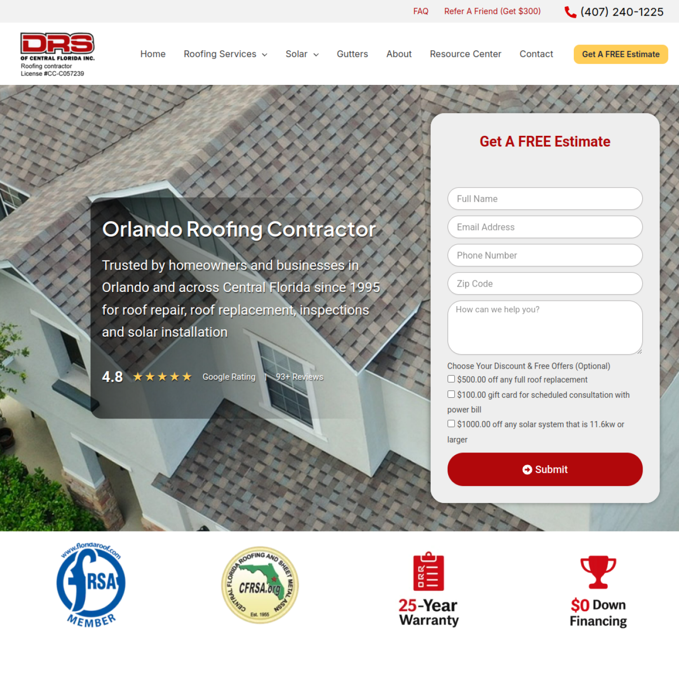 Screenshot of the DRS Roofing of Central Florida Inc. website