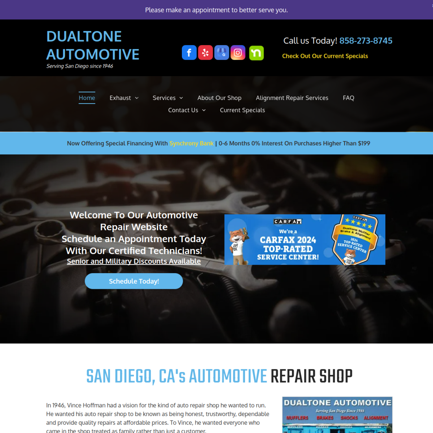 Screenshot of the Dualtone Muffler Brake and Alignment website