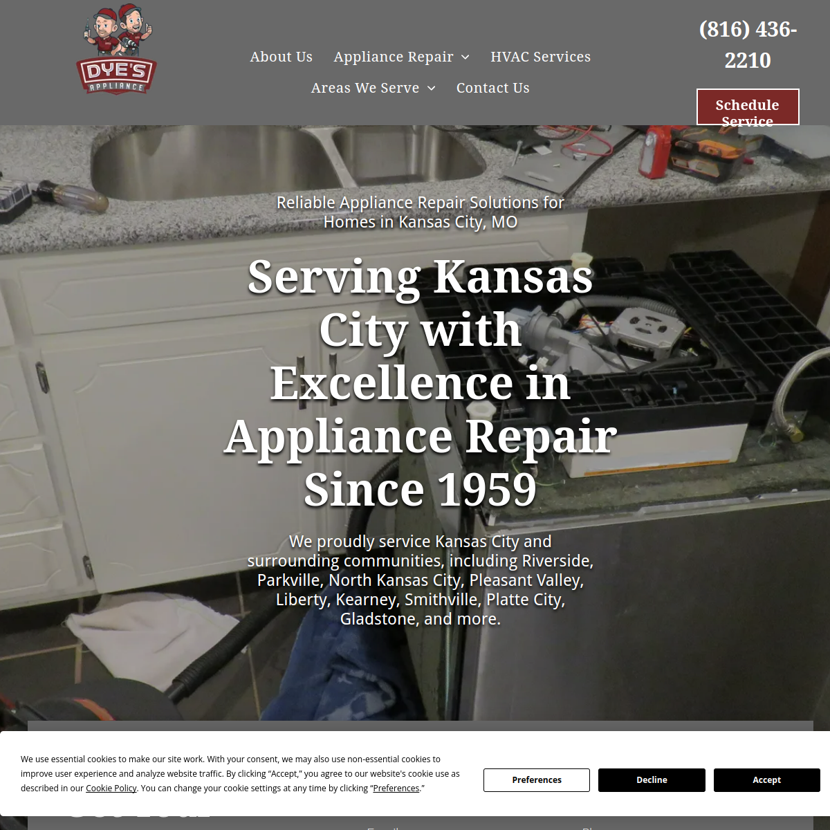 Screenshot of the Dye's Appliance website