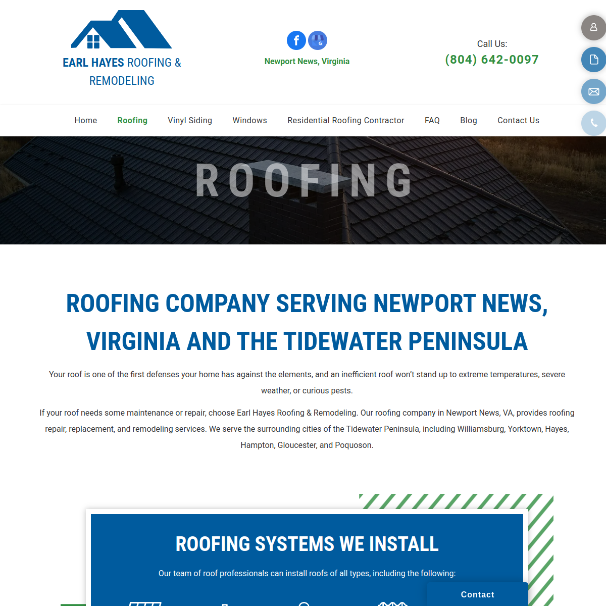 Screenshot of the Earl Hayes Roofing & Remodeling website