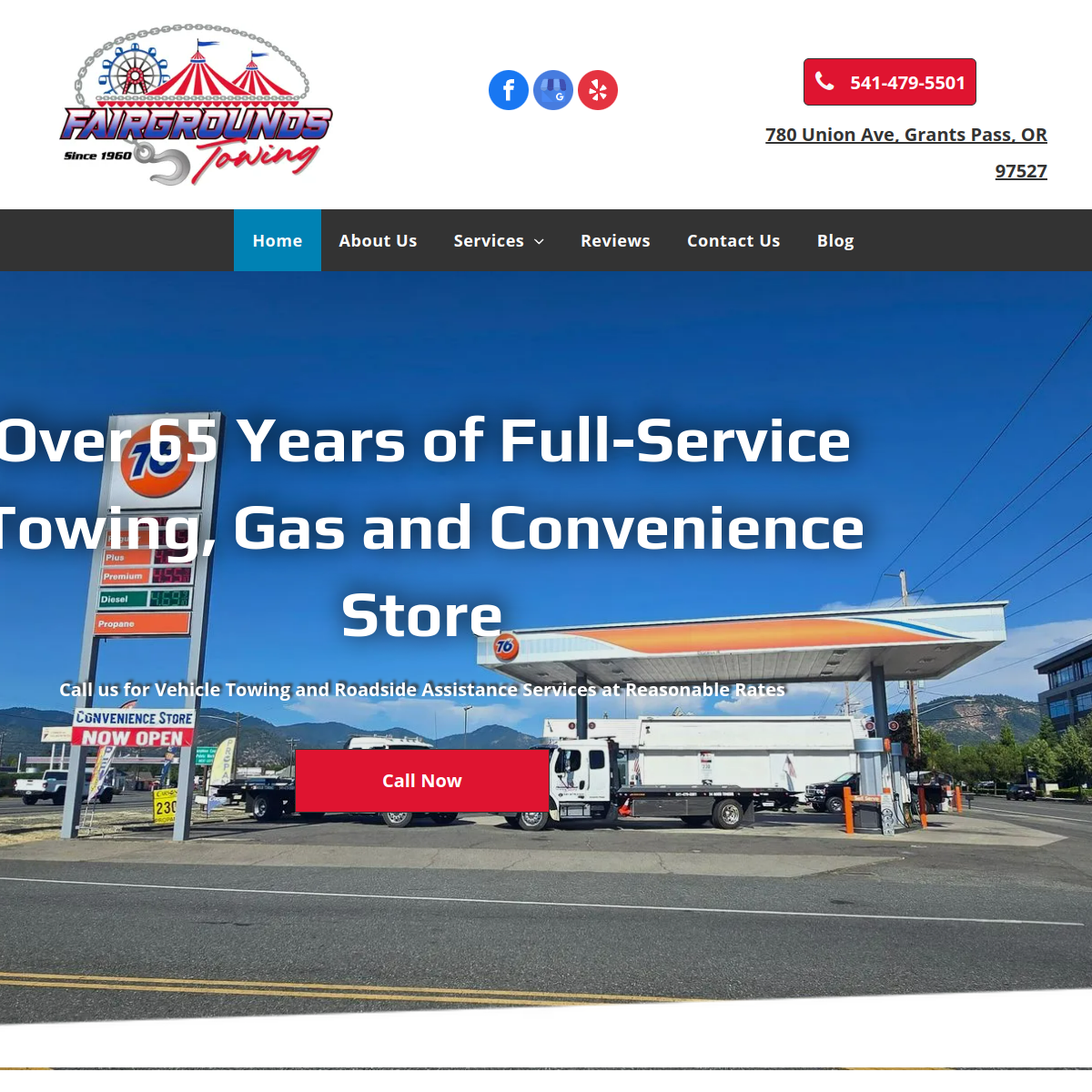 Screenshot of the Fairgrounds Towing & Fuel LLC website