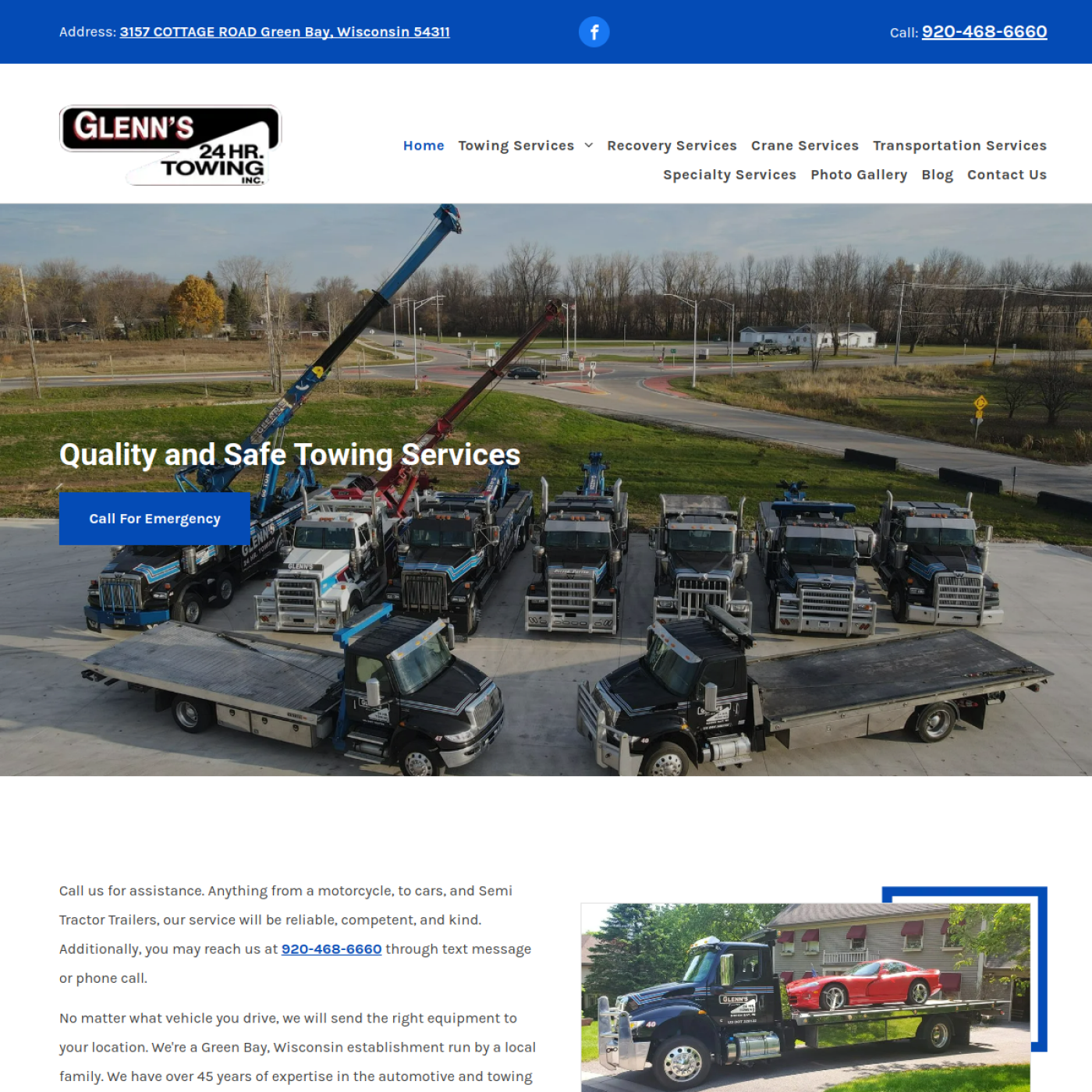 Screenshot of the Glenn's 24 Hour Towing Inc website
