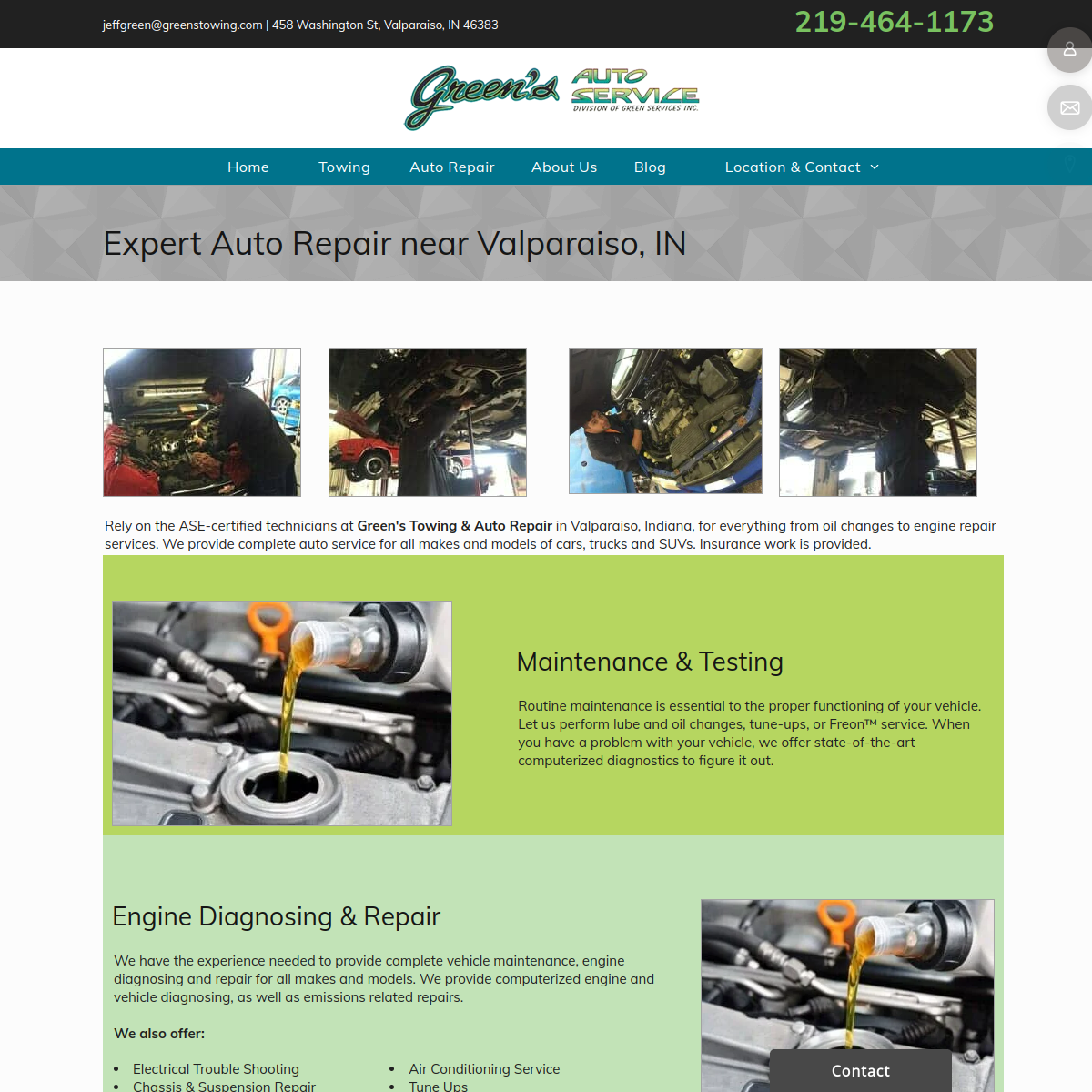 Screenshot of the Green's Towing & Auto Repair Inc website