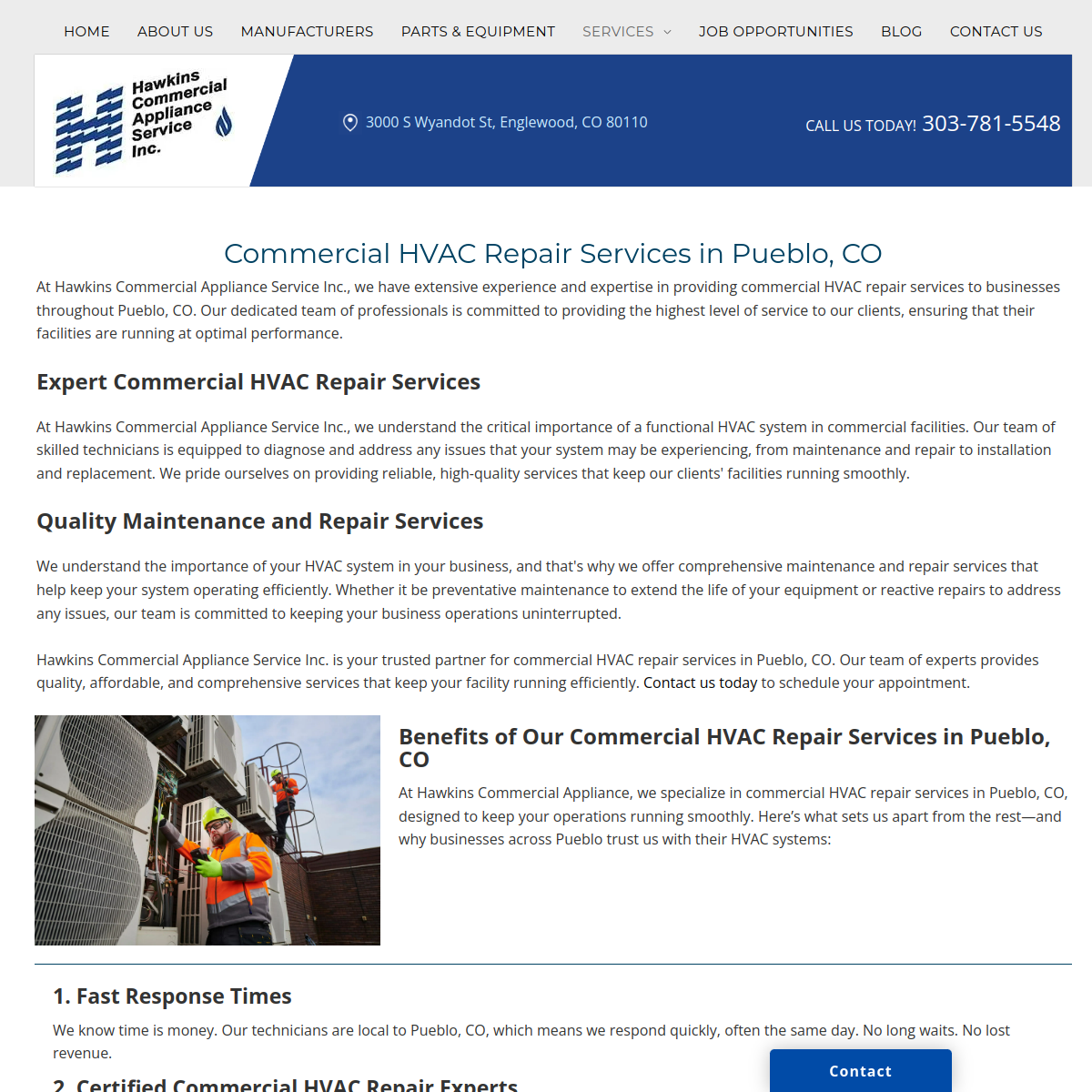 Screenshot of the Hawkins Commercial Appliance Service website