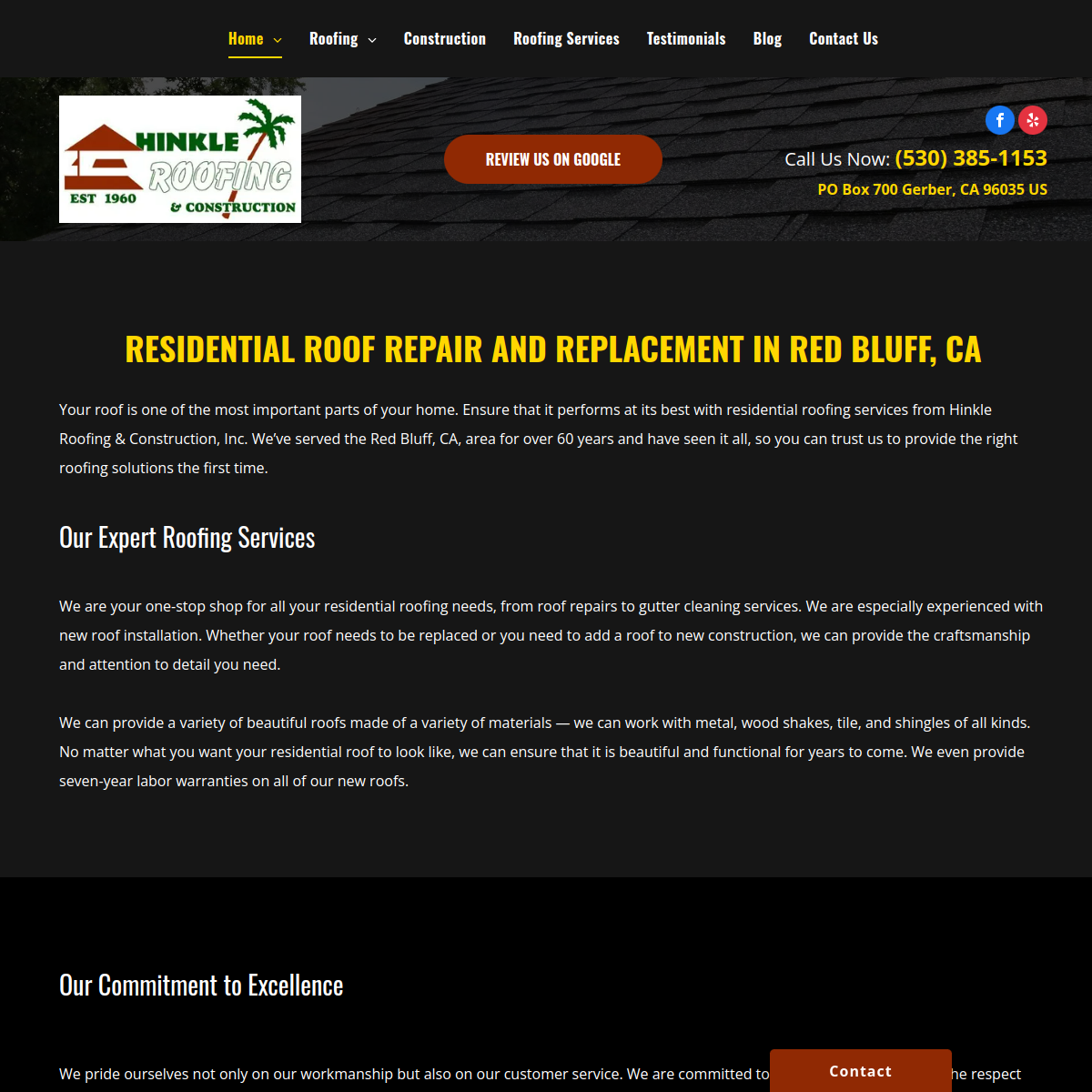 Screenshot of the Hinkle Roofing & Construction Incorporated website
