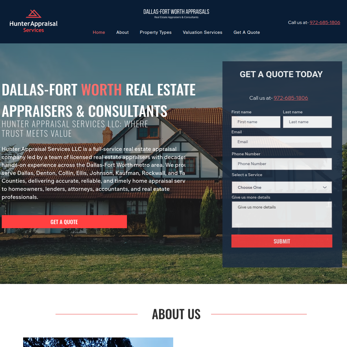 Screenshot of the Hunter Appraisal Services website