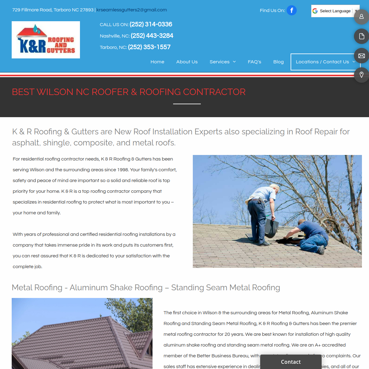Screenshot of the K & R Roofing and Gutters website