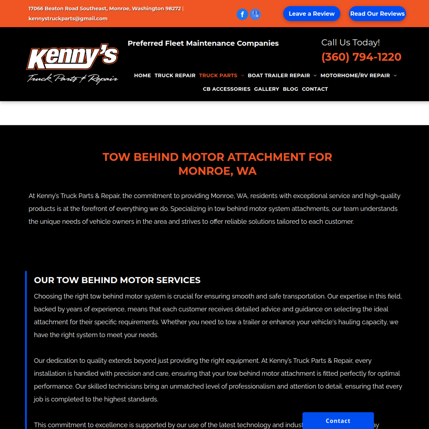 Screenshot of the Kenny's Truck Parts & Repair website