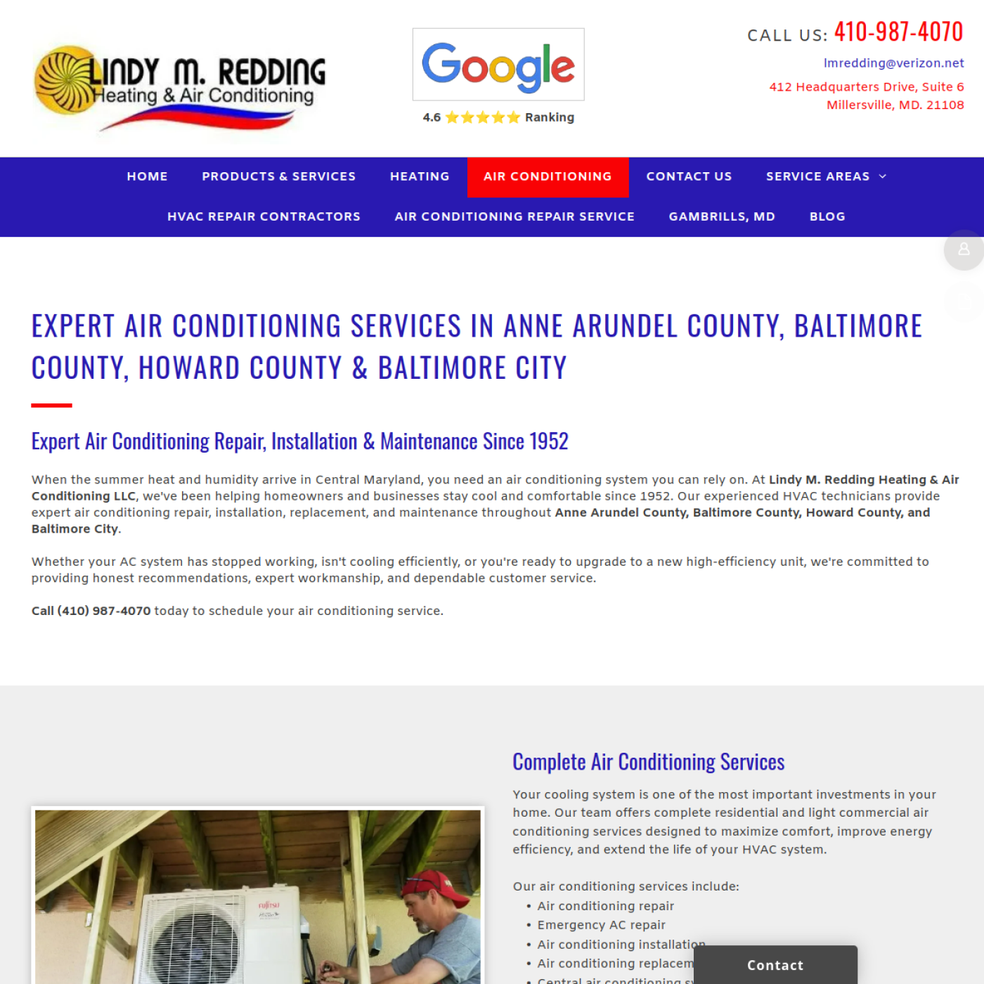 Screenshot of the Lindy M. Redding Heating and Air Conditioning LLC website