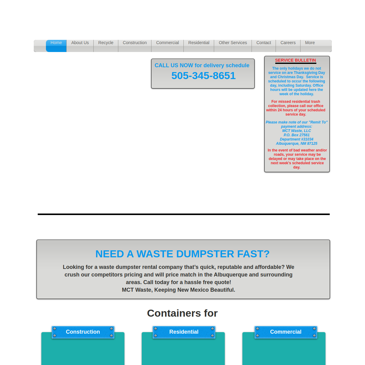 Screenshot of the MCT Waste, LLC website