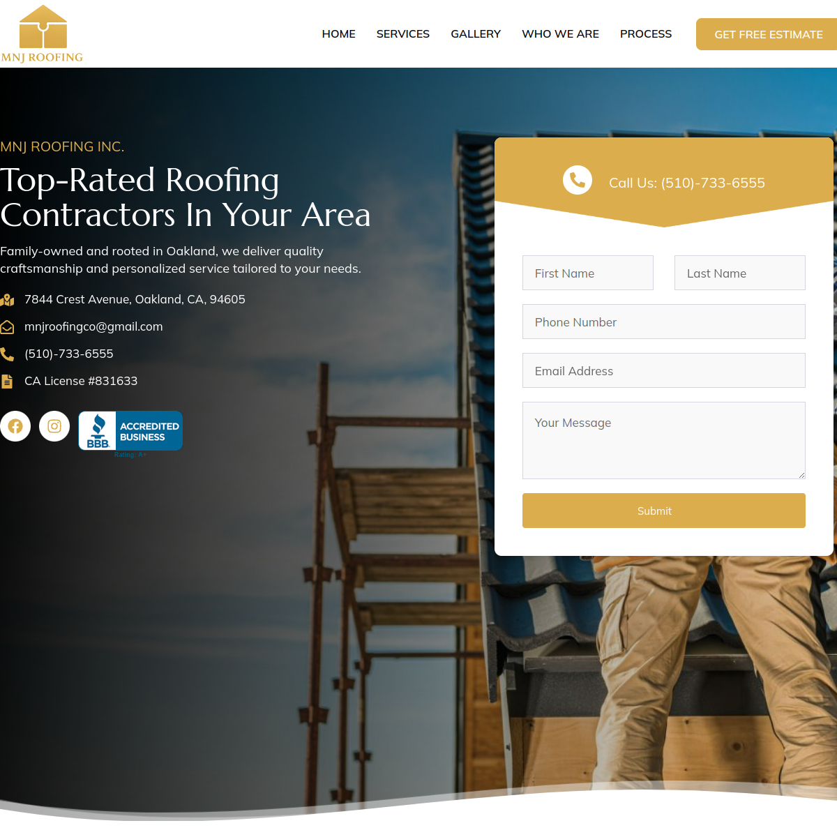 Screenshot of the MNJ Roofing Inc website