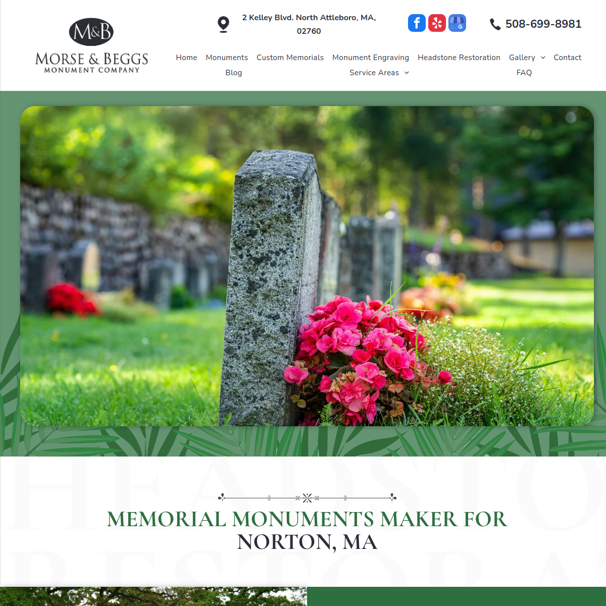 Screenshot of the Morse & Beggs Monument Co website