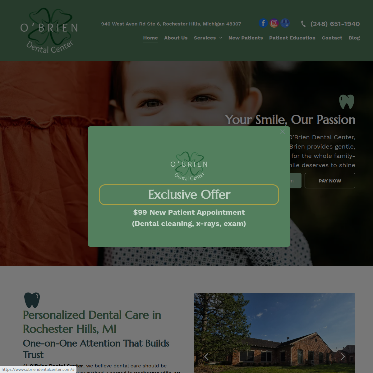 Screenshot of the O'Brien Dental Center website