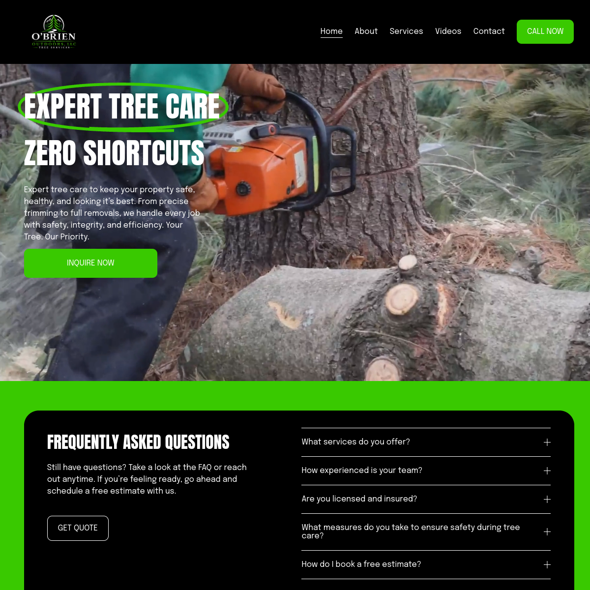 Screenshot of the O'Brien Outdoors, Tree Service website