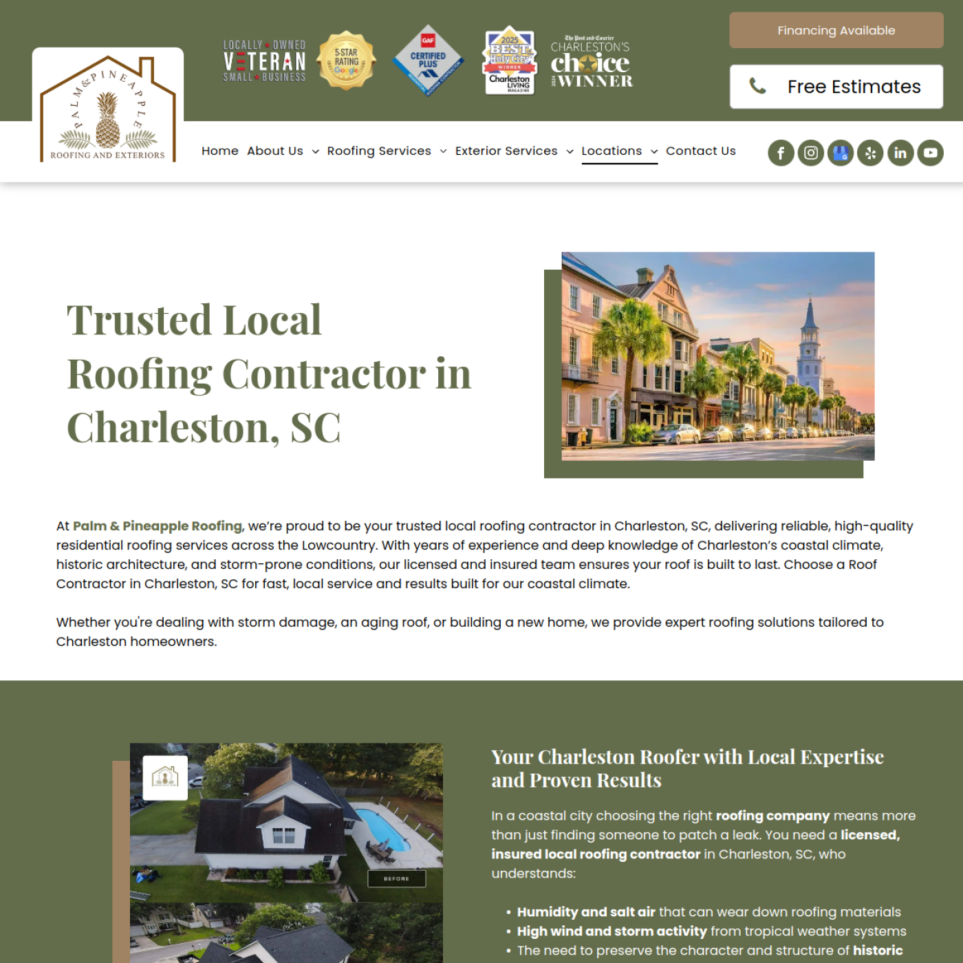 Screenshot of the Palm & Pineapple Roofing and Exteriors website