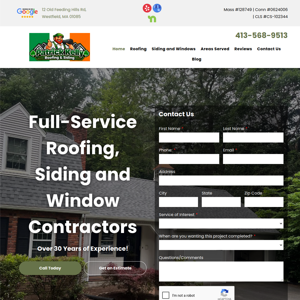 Screenshot of the Patrick Kelly Roofing & Siding website