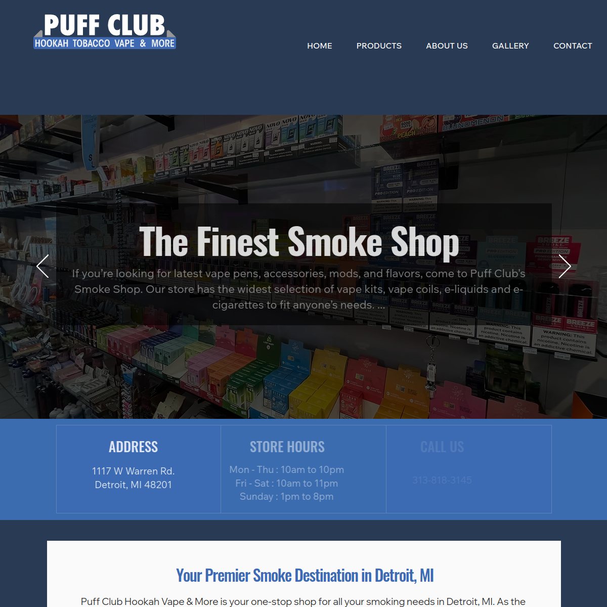 Screenshot of the PUFF CLUB Smoke Shop website