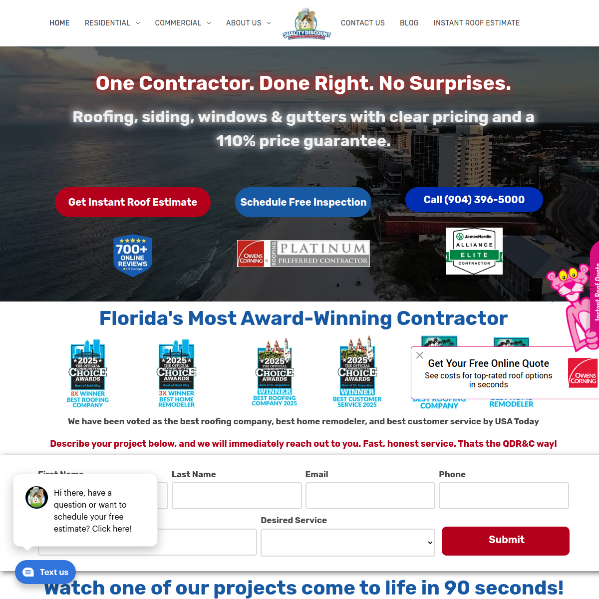 Screenshot of the Quality Discount Roofing & Construction website