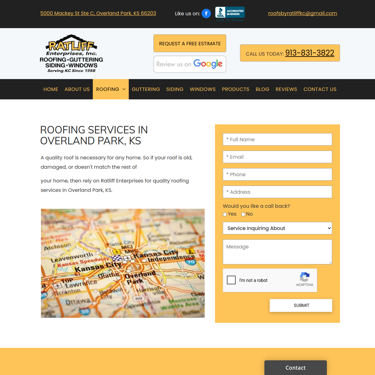 Screenshot of the Ratliff Roofing, Siding and Gutter Enterprises website