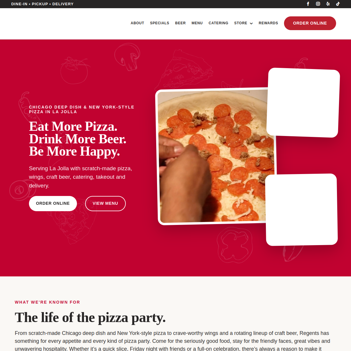 Screenshot of the Regents Pizzeria website