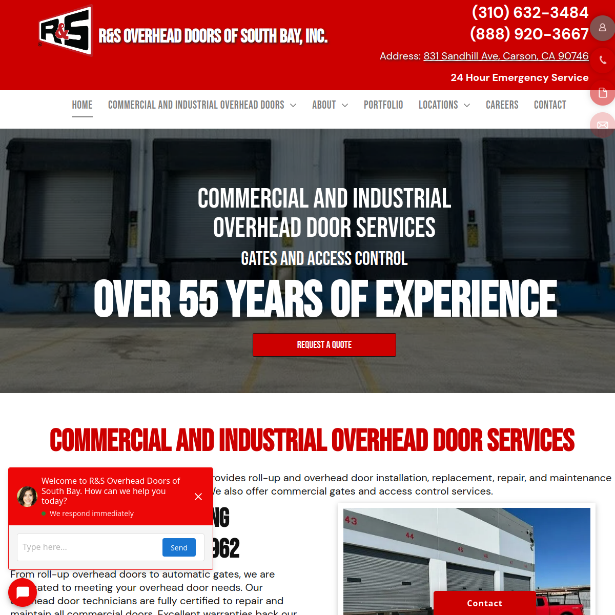Screenshot of the R&S OVERHEAD DOORS OF SOUTH BAY, INC. website