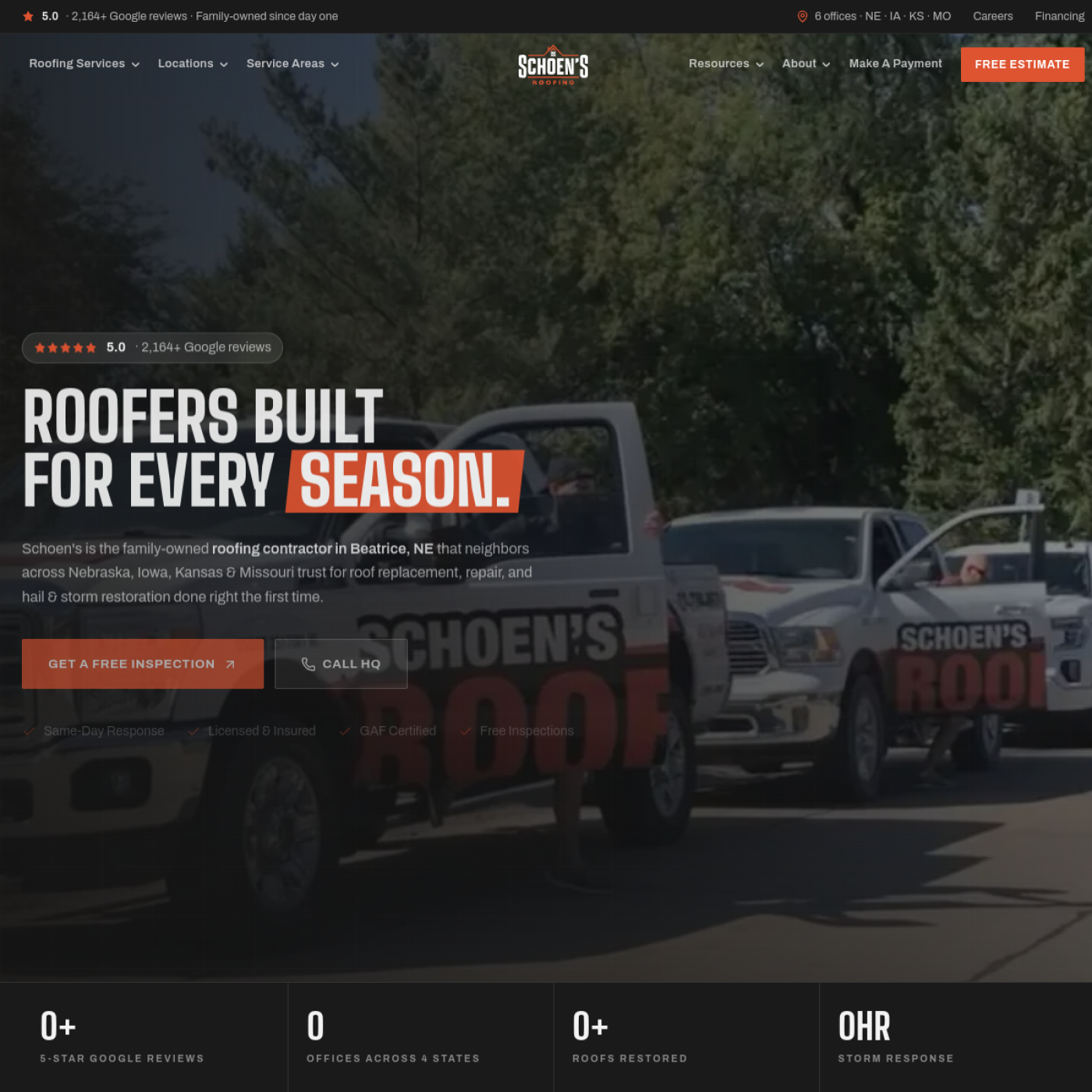 Screenshot of the Schoens Roofing LLC website