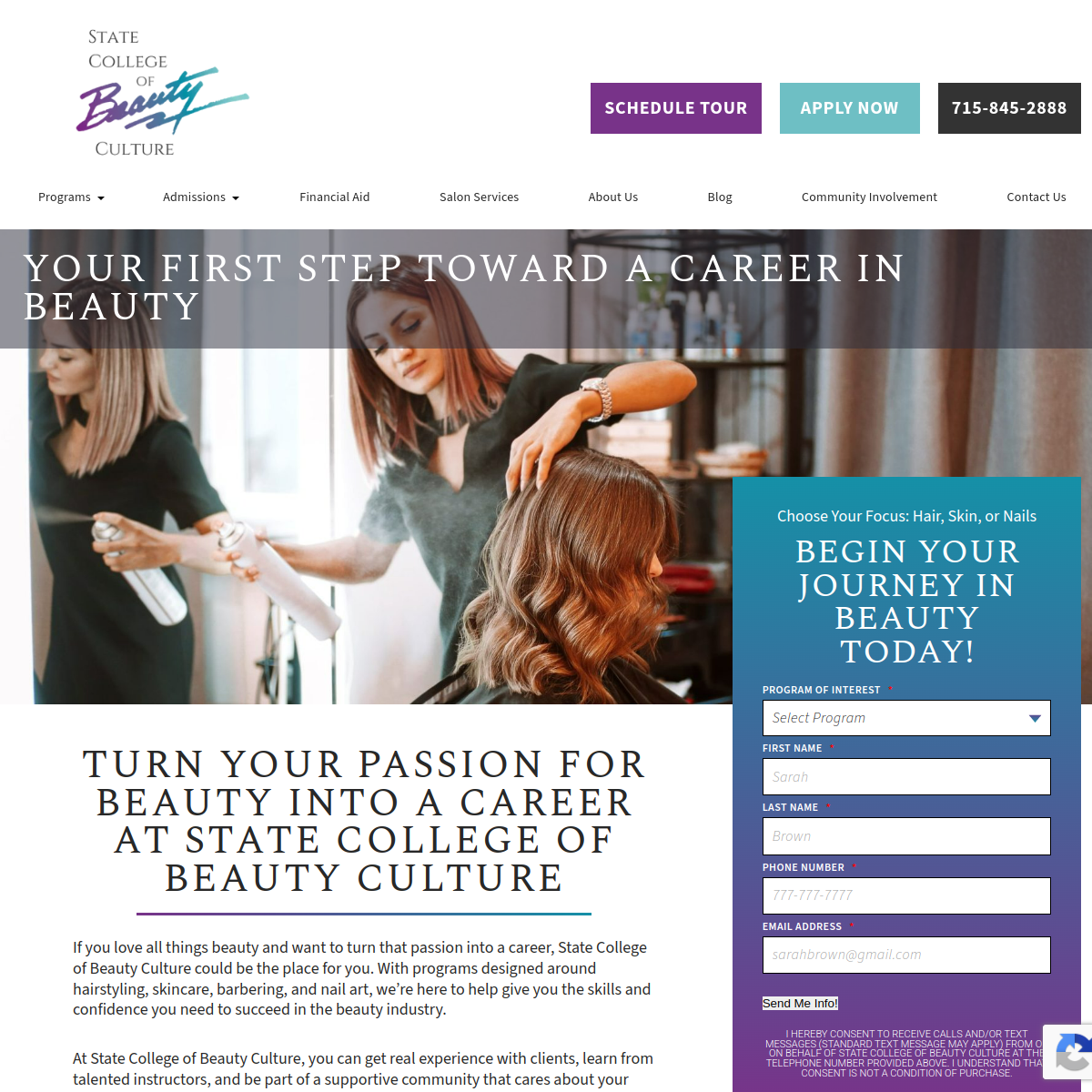 Screenshot of the State College of Beauty Culture website