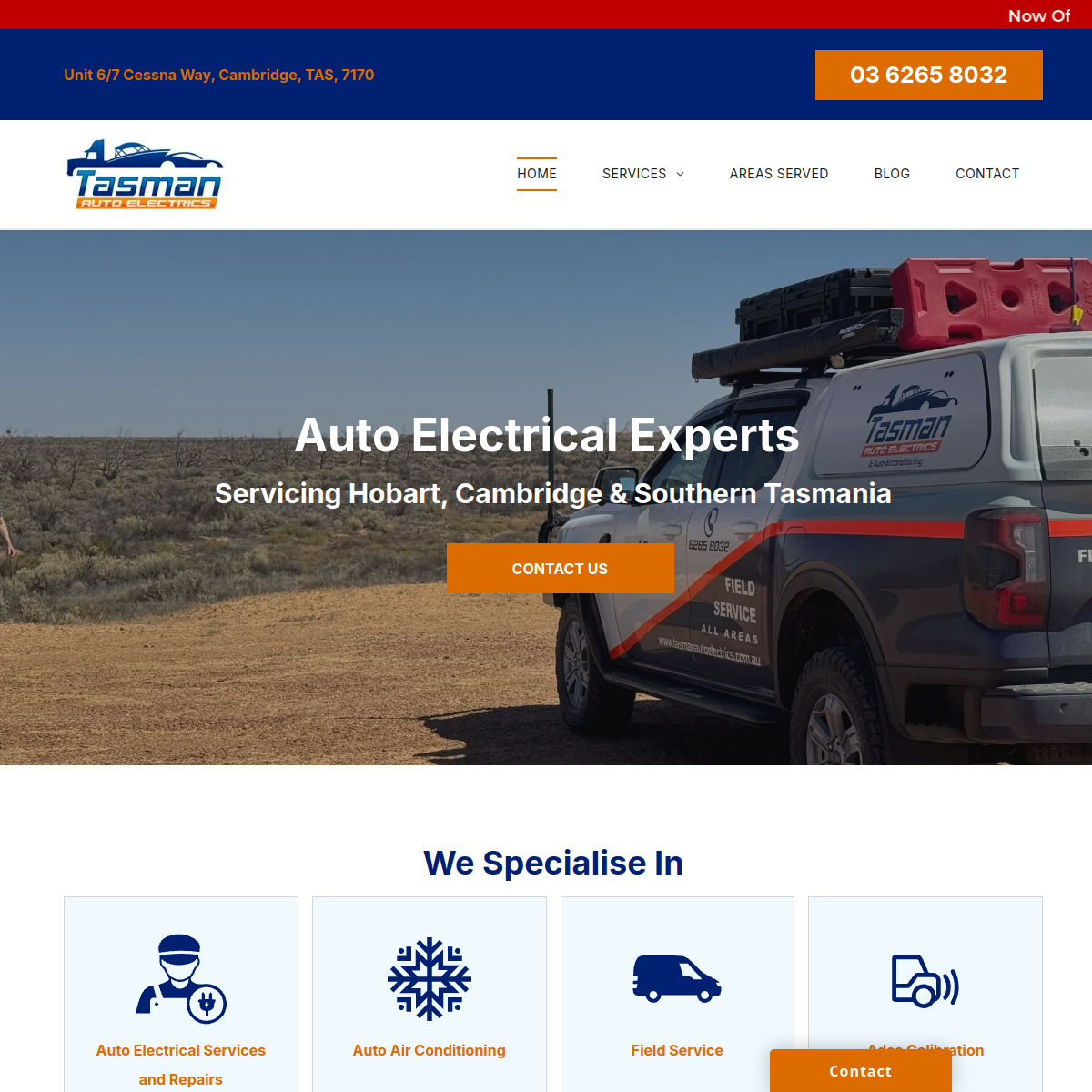 Screenshot of the Tasman Auto Electrics website