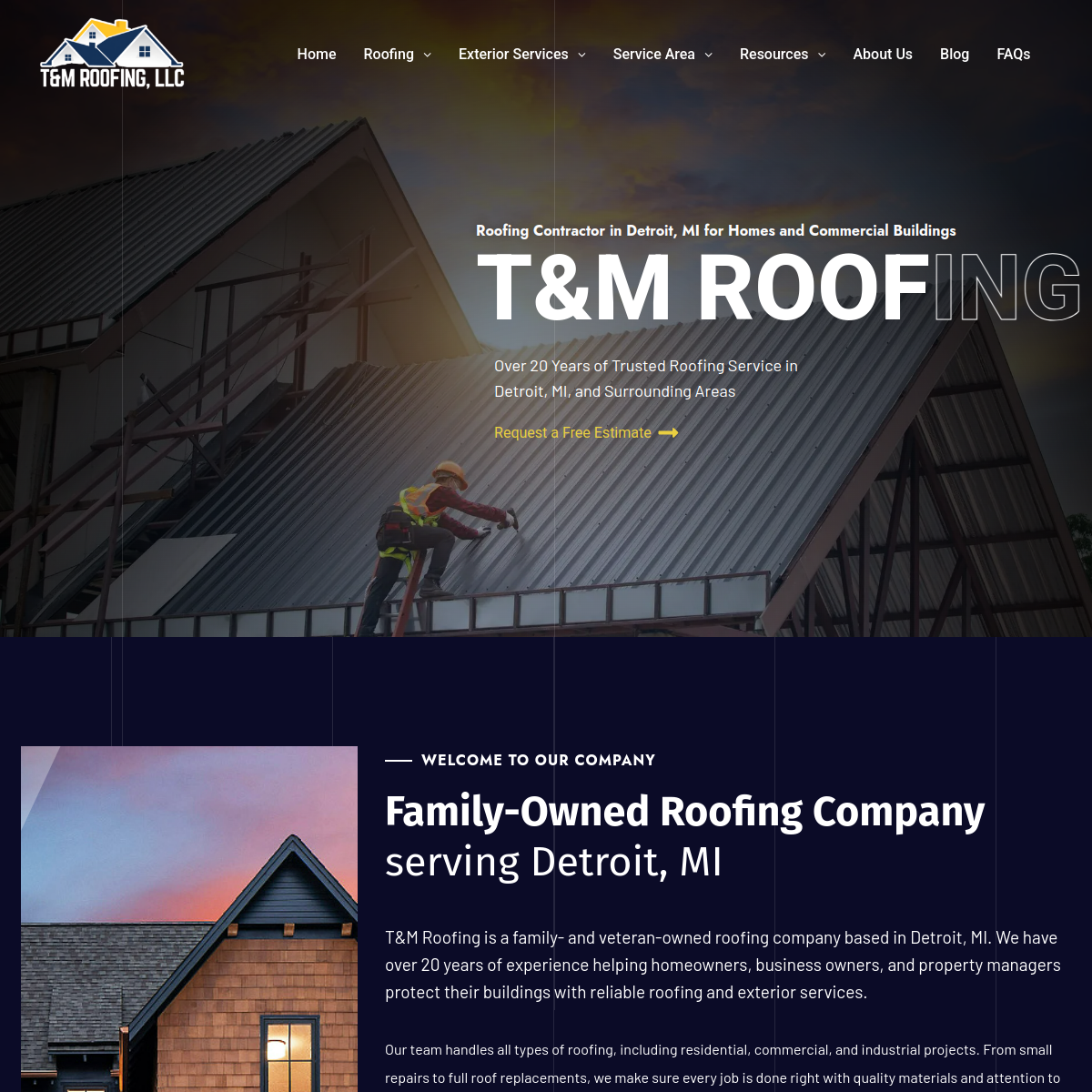 Screenshot of the T&M Roofing website