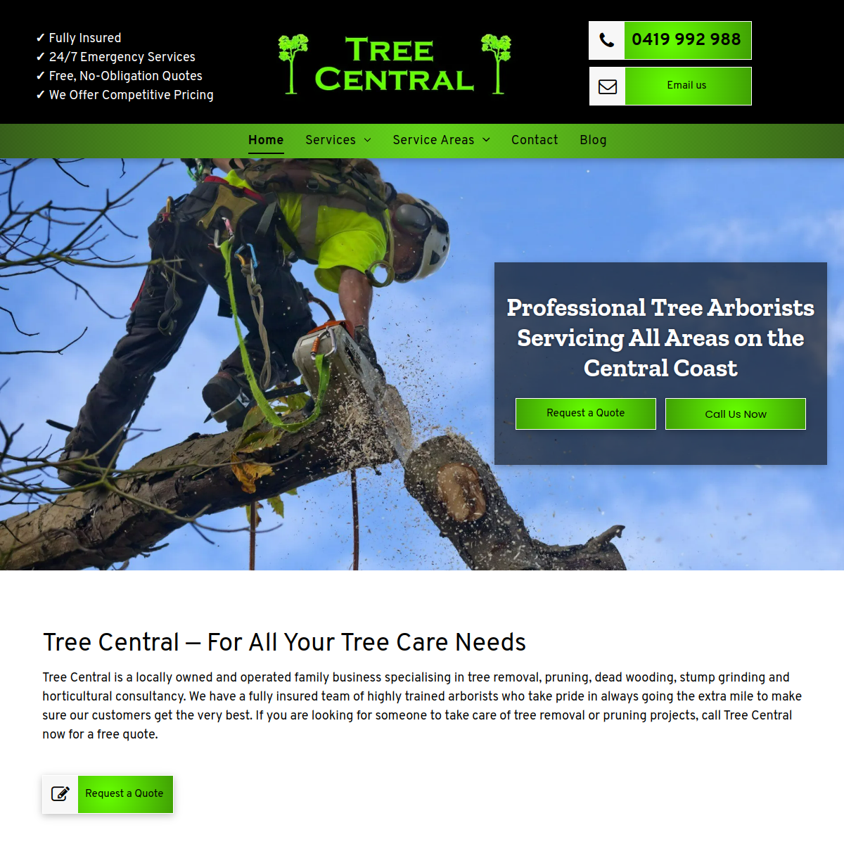 Screenshot of the Tree Central Pty Ltd website