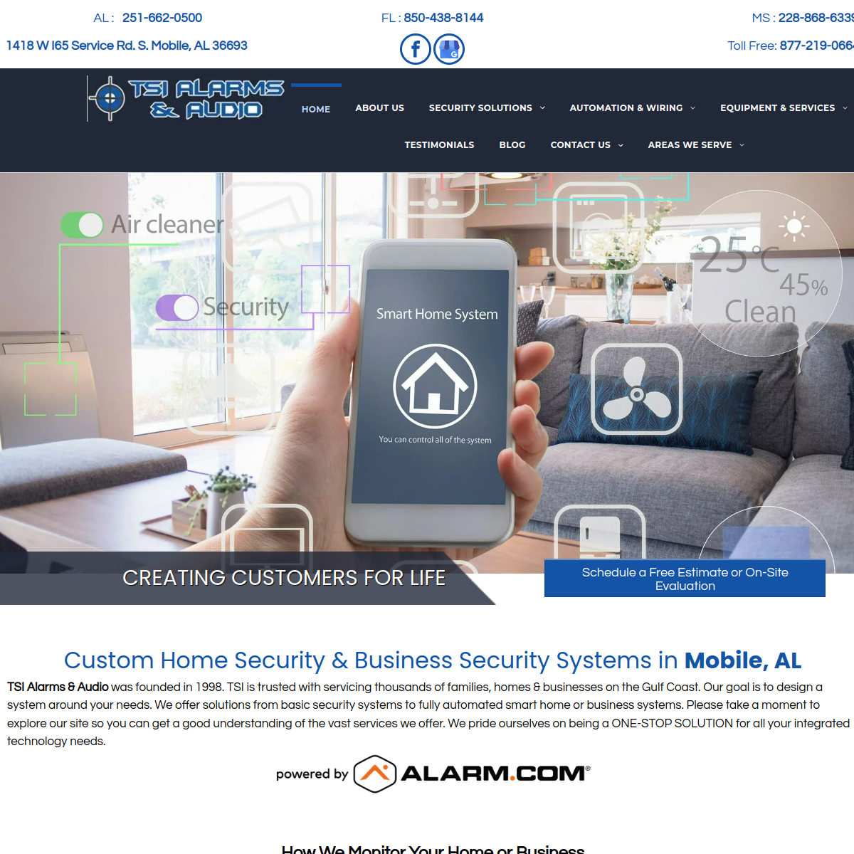 Screenshot of the TSI Alarms & Audio website
