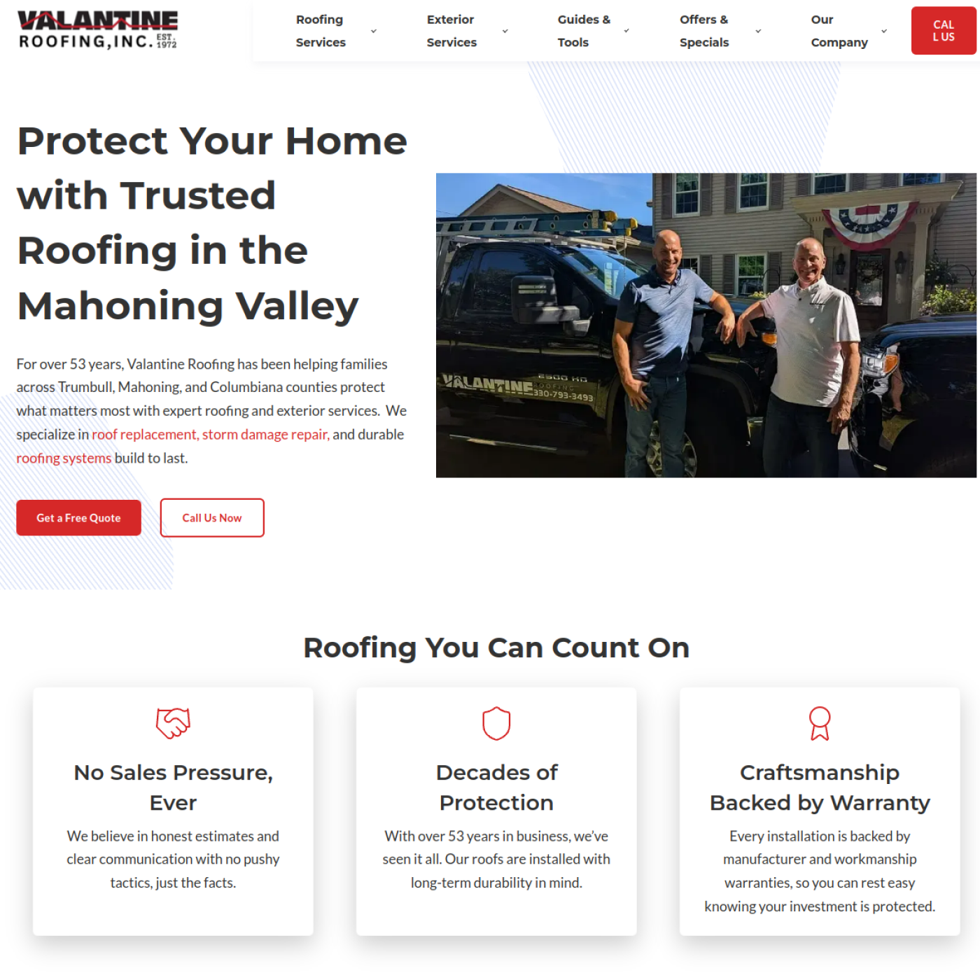 Screenshot of the Valantine Roofing website