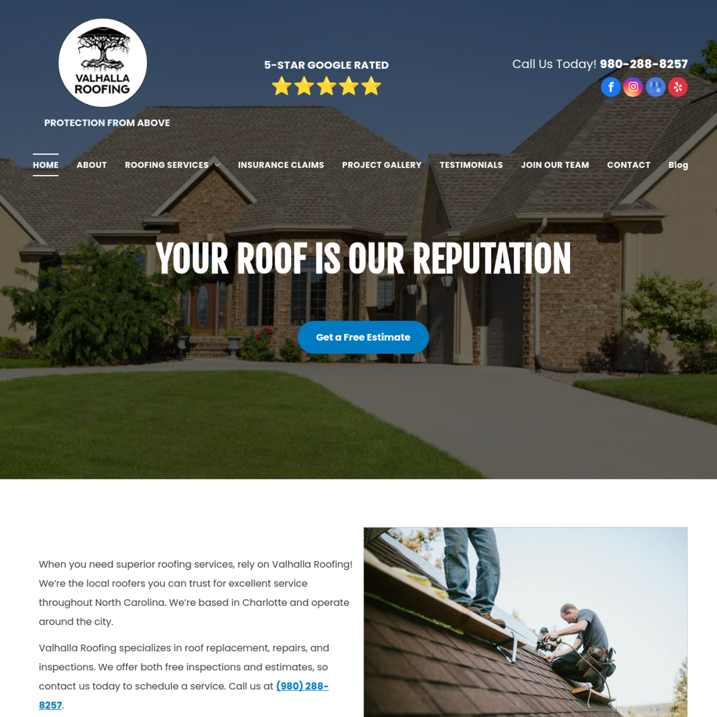 Screenshot of the Valhalla Roofing website