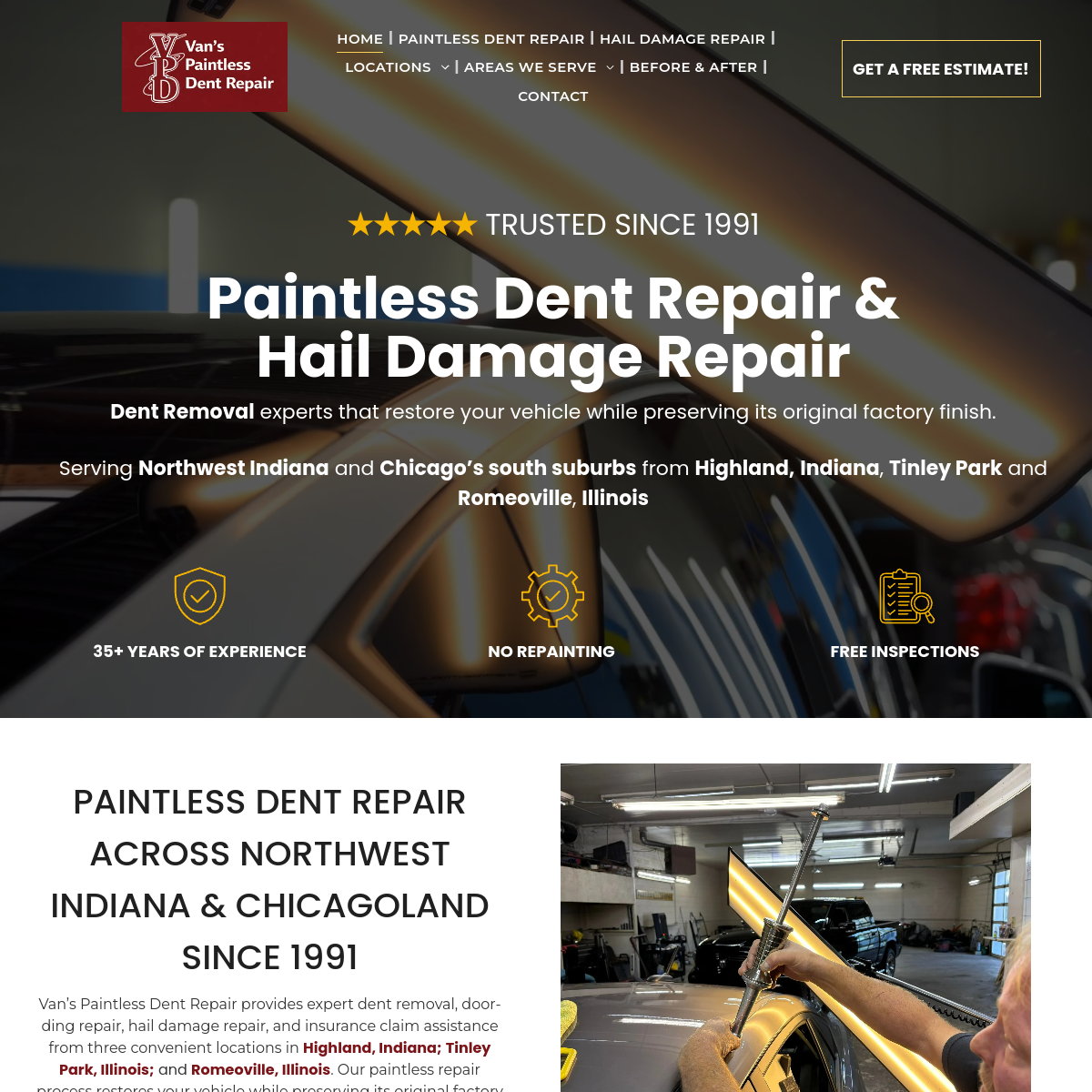 Screenshot of the Van's Paintless Dent Repair website
