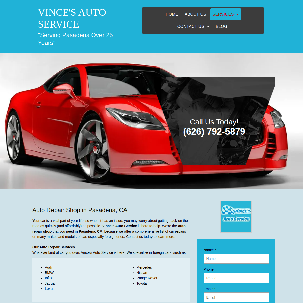 Screenshot of the Vince's Auto Service website