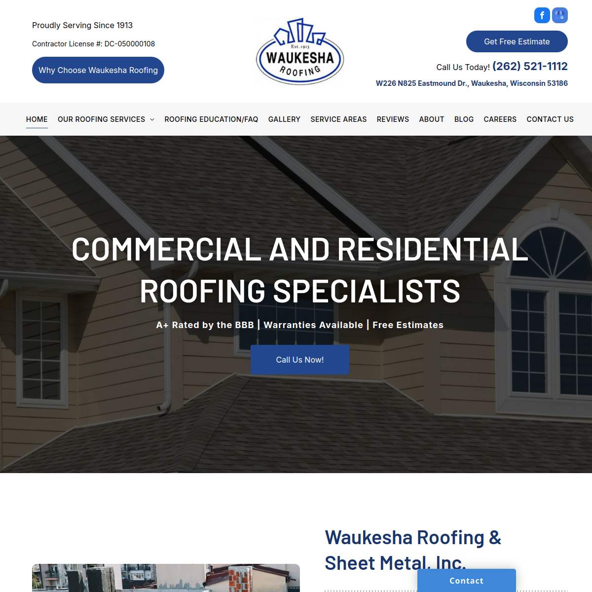 Screenshot of the Waukesha Roofing & Sheet Metal, Inc. website