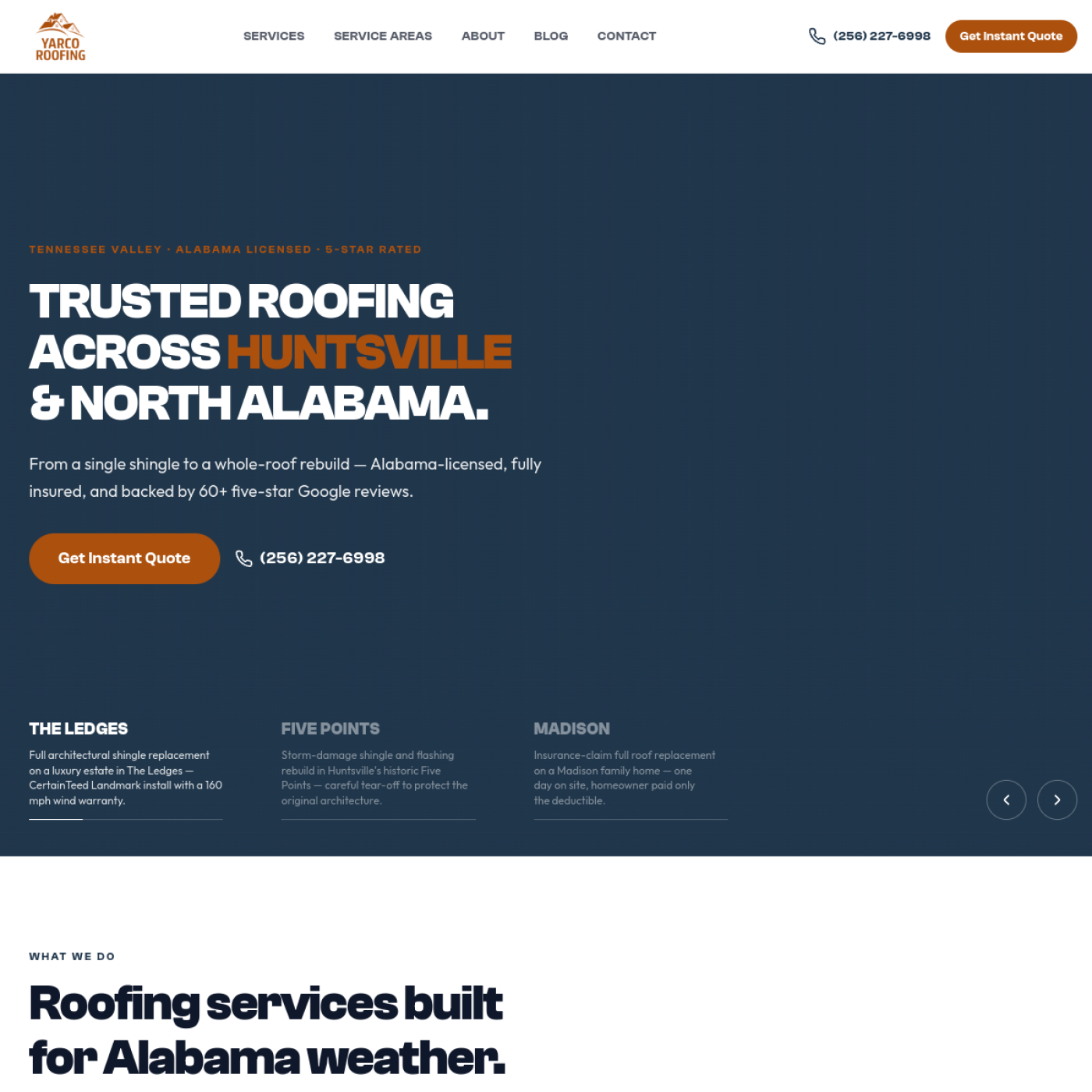 Screenshot of the Yarco Roofing and Construction website