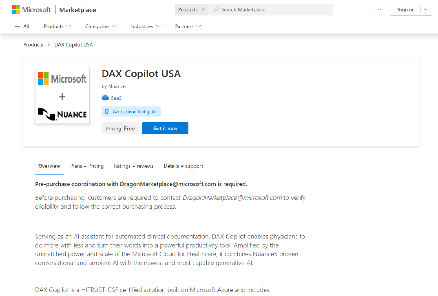 Screenshot of the official Nuance DAX Copilot product page