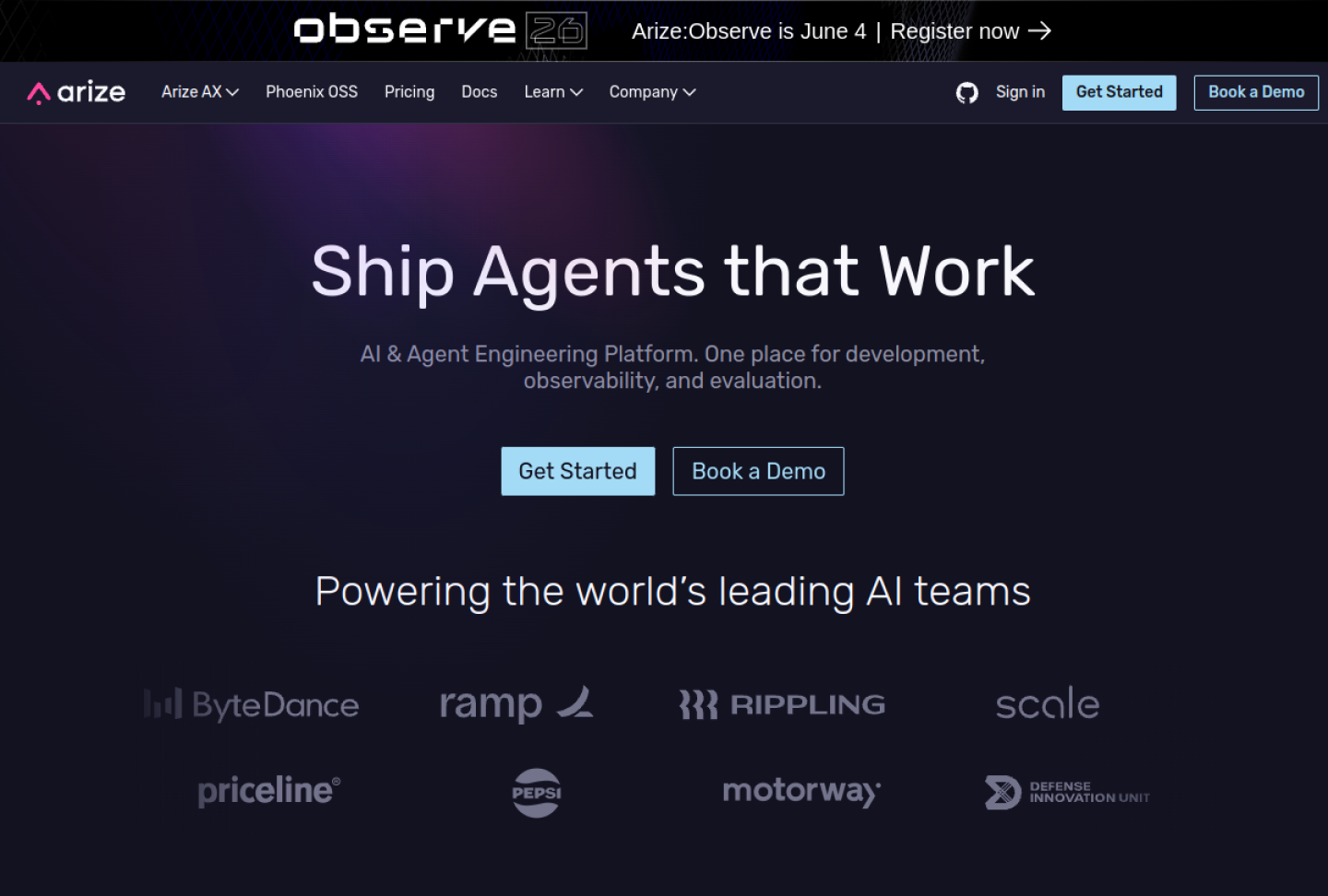 Screenshot of the official Arize AI Observability product page