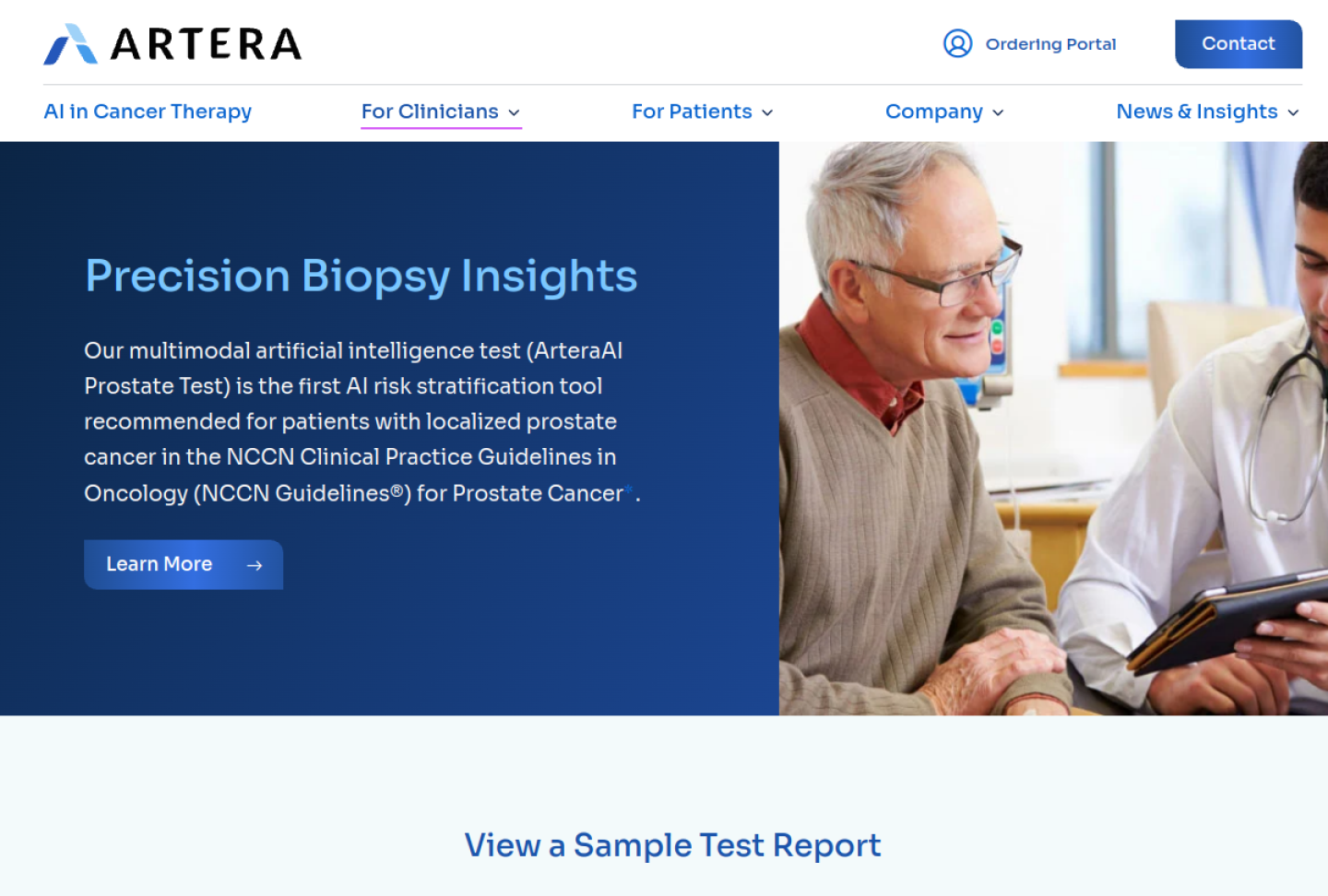 Screenshot of the official ArteraAI Prostate product page