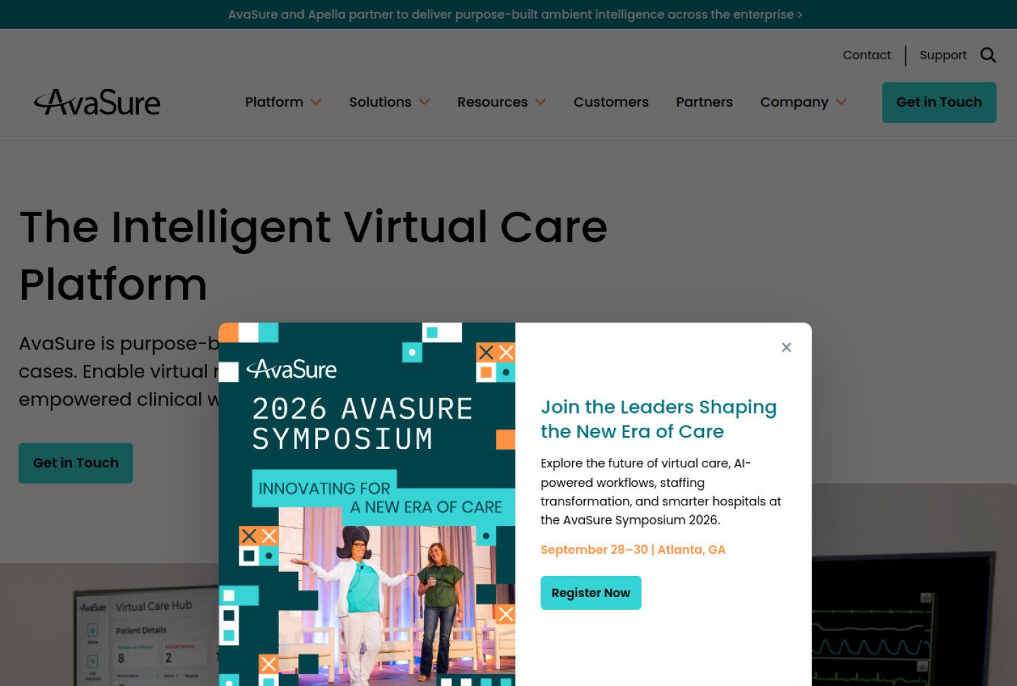 Screenshot of the official AvaSure Intelligent Virtual Care product page