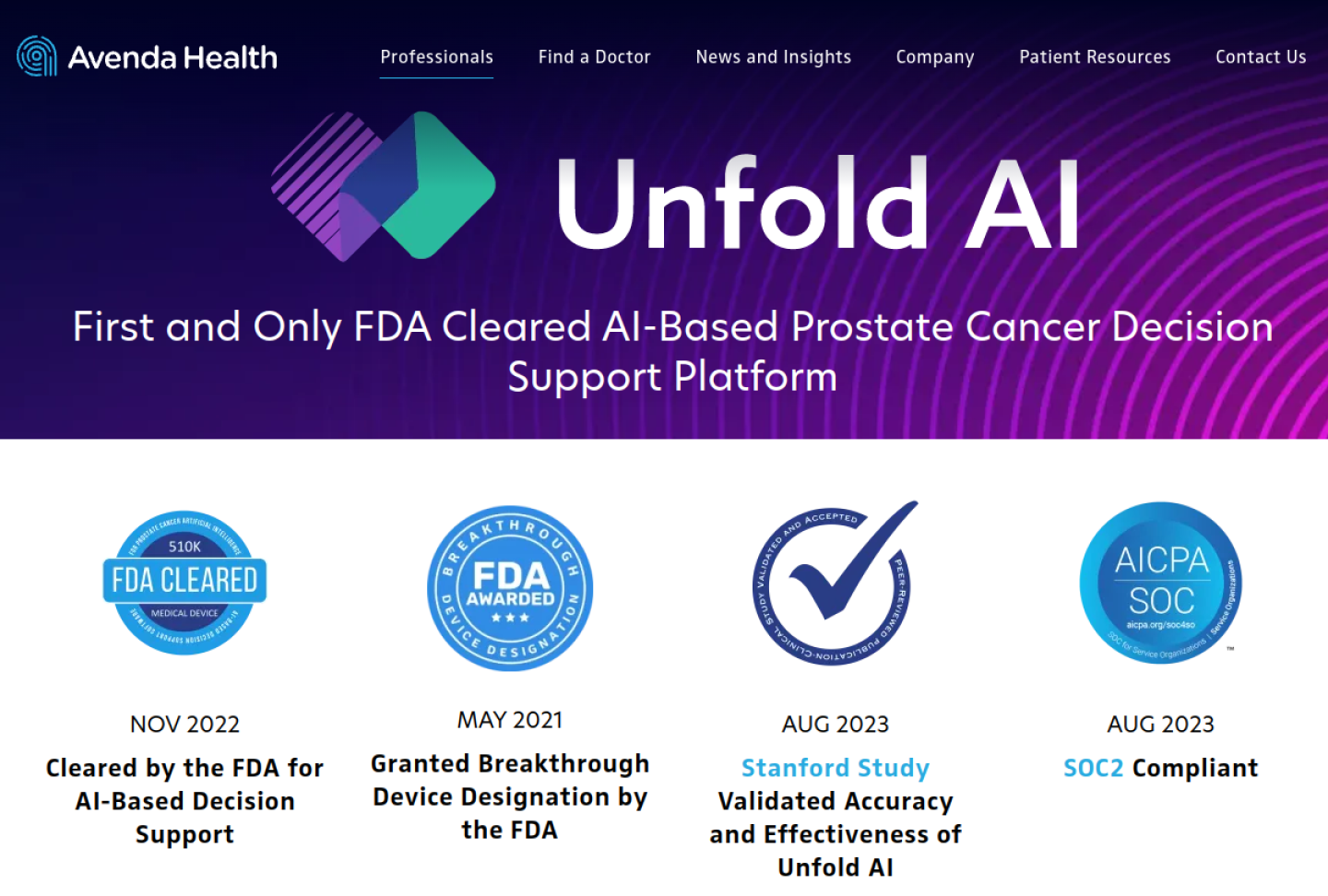 Screenshot of the official Avenda Unfold AI product page